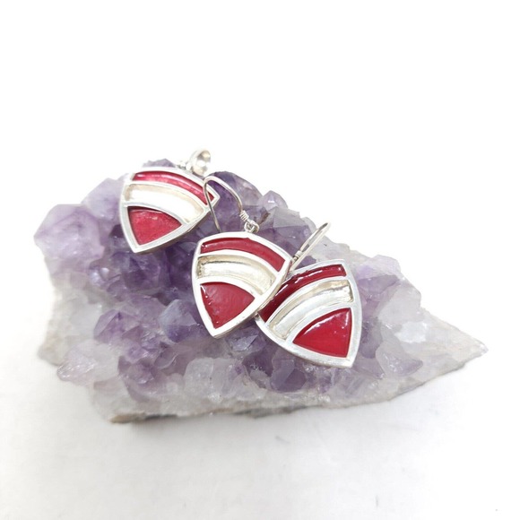 Sponge Coral Earrings Pendant Set Red Natural Marked 925 Sterling Silver 16g - Picture 2 of 7